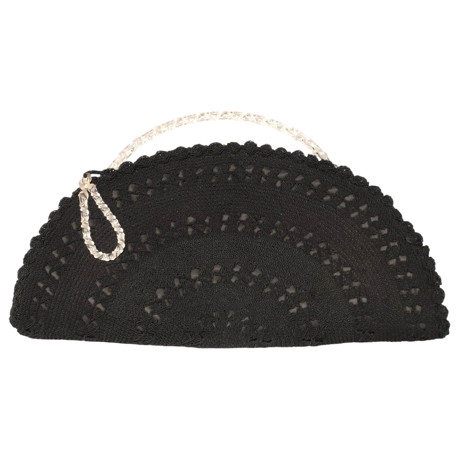 1940s Handcrafted Designer Purse Lucite Handle Zipper Pull Black Lacy Fabric Yk